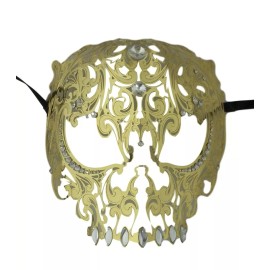 Elegance Mask Gold Skull Metal Laser Cut Masquerade Prom Mask Clear Crystals