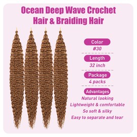 BAESITTE Deep Wave Bulk Hair For Braiding 4 Packs 32inch Soft Deep Wavy Crochet Hair Synthetic Hair Long Deep Culry Hair Bulk for Micro Braids Wet and Wavy Hair Extensions #30 Color 400g
