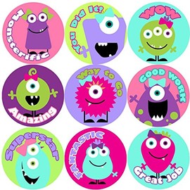 144 Girly Monsters Praise Words Reward Stickers 30mm, Teachers, Party Bags