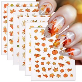 6 Sheets Gold Fall Nail Stickers Autumn Maple Leaf Nail Decals Cute Pumpkin Fox Ginkgo Fallen Leaves Nails Designs 3D Self-Adhesive Thanksgiving Nails Art Supplies for Women DIY Manicure Decorations