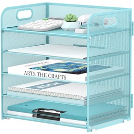 Supeasy 5 Trays Paper Organizer Letter Tray with Handle-Mesh Desk File Organizer, Paper Sorter Desk Organizer for Office, Home or School (Light Blue)