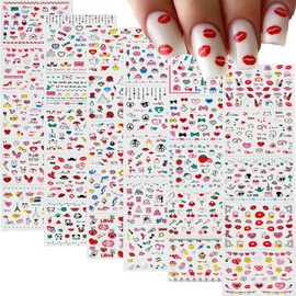 30 Sheets Valentine's Day Nail Art Stickers Red Lips Nail Stickers 3D Self-Adhesive Nail Decals with Heart Bow Design Nail Art Supplies Red Nail Stickers Decals for Women Manicure Decoration