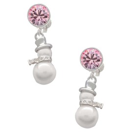 Delight Jewelry Silvertone Imitation Pearl Snowman - Large Pink Crystal Clip on Earrings