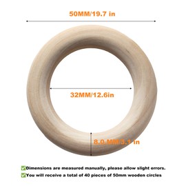WELHAEPI Wooden Rings for Crafts, Pack of 40 Wooden Rings, Natural Wood Macrame Rings, Unfinished Wooden Rings for DIY Jewellery, Bracelet, Macrame Pendant, Hanging Decoration Rings - 50 mm