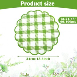 48Pcs Green Checkered Paper Placemats 13.5 Inch Scalloped Round Disposable Gingham Place Mats, Waterproof Decorative Table Mats for Baby Shower Outdoor Picnic BBQ Birthday Tea Party