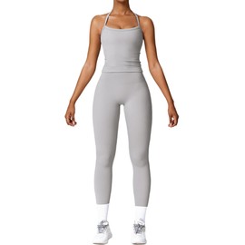 Womens Workout Sets Two Piece Seamless Stretch Cross Back Tank Top Matching Tummy Control High Waist Leggings Set 2 Piece For Women Gym Yoga Active Wear Outfits Athletic Work Out Clothes Grey S