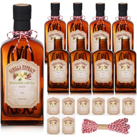 Suclain 8 Pack 8.5 oz Amber Glass Bottles with Caps Vanilla Extract Bottles with 8 Pcs Vanilla Extract Stickers for Syrup Gift Glass Food Storage Canister Set for Sauce Beans Liquor(Black)