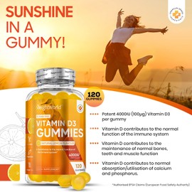 Vitamin D Gummies Adults 4000IU - Sugar-Free - 4 Months Supply - Natural Lemon Flavour - 120 Chewable Vitamin D3 Gummies - Vegetarian Friendly - High Strength Vitamin D Supplement - GMO & Gluten Free