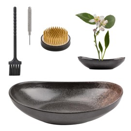 WANDIC Brown Black Flower Arranger Supplies, Ingot Shaped Bowl & 5cm Floral Frog for Ikebana Ceramic Floral Vase Plant Arranging Floristry Container