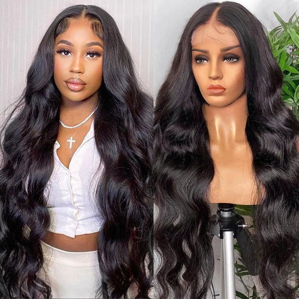 Wingirl 28 Inch Body Wave Lace Front Wigs Human Hair Pre-Plucked 180 Density 13x4 HD Transparent Lace Frontal Wigs for Women with Baby Hair Natural Black Color