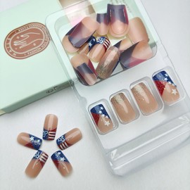 Red Blue Glitter French Tip Press on Nails Short Square Independence Day Fake Nails with American Flag Design 4th of July Glue on False Nail Five-Pointed Star Stick on Nail for Women Girls 24Pcs
