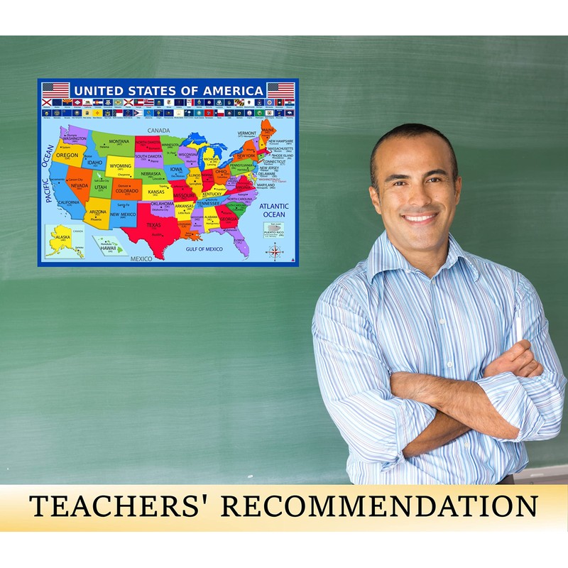 アメリカ合衆国地図と州旗ポスター ラミネート加工 14 x 19.5インチ 教育ポスター 子供用アメリカ地図 小学生教室の装飾品 教師用品