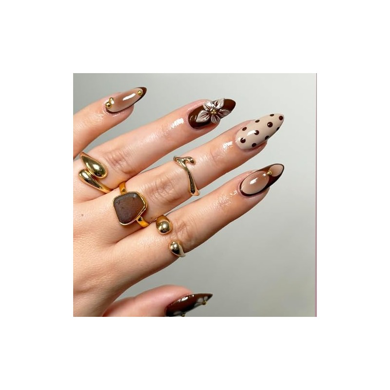 Uñas postizas de almendra medianas con diseño floral 3D, color