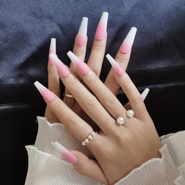 Matte Full Cover Artificial Nails Press on Nails Medium Length French Gradient Design Ballerina Fingernails Decoration for Women and Girls Beginners(24Pcs)