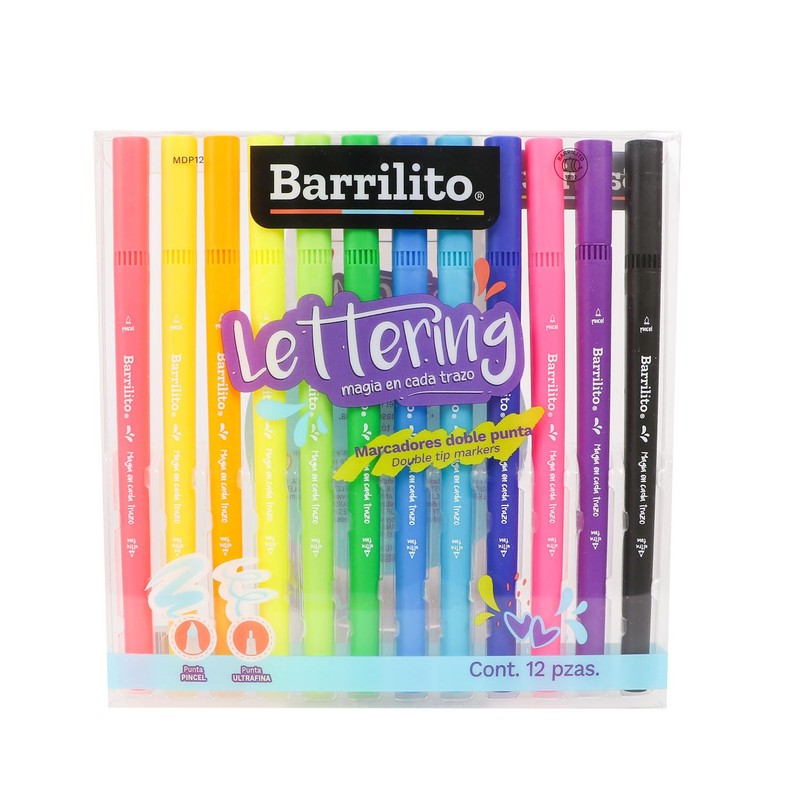 Barrilito Marcadores Doble Punta Pincel y Ultrafina Lettering 12 Piezas