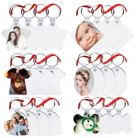 24 Pieces DIY Sublimation Blank Key Rings with Red Ribbons, 6 Styles MDF Sublimation Key Ring Blanks, Heat Transfer Sublimation Pendant Ornament for Decorating Craft Supplies, White