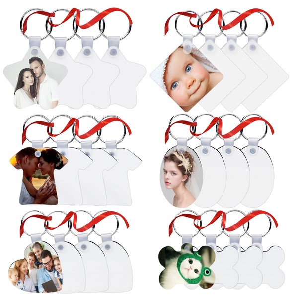 24 Pieces DIY Sublimation Blank Key Rings with Red Ribbons,