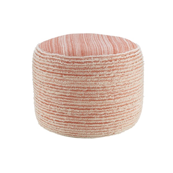 LR Home Tropical Textured and Distressed Pouf, Coral/White, 18" x 18" x 14"