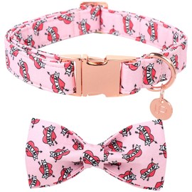 UP URARA PUP Mother’s Dog Collar with Bow Tie, Cute Cotton Girl Dog Collar, Adorable Pink Bowtie Collar for Medium Girl Dog, Female Dog Collar with Metal Buckle, M
