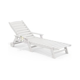 SERWALL Patio Chaise Lounge Chair, 78'' Long HDPE Outdoor Lounge Chair 5 Positions Adjustable Outdoor Lounger for Pool, Poly Lounge Chair with Rolling Wheels & Cup Holder for Pool, Light White