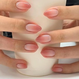 RikView Uñas Postizas Almendradas De Acrílico, Tamaño Mediano, Color Nude Con Diseño Degradado, Acabado Brillante, Cobertura Completa. Juego De 24 Uni