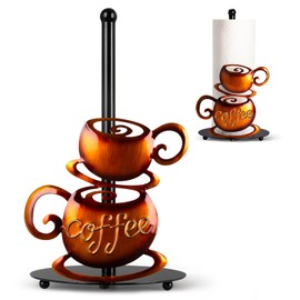 Standing Paper Towel Roll Holder Countertop for Coffee Lovers Women Men, Farmhouse Kitchen Decor and Accessories, Coffee Table Decor for Kitchen Home, 3D Hand-Painting Pattern, Metal