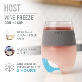 Host Wine Freeze Cup Set of 2 - Plastic Double Wall Insulated Wine Cooling Freezable Drink Vacuum Cup with Freezing Gel, Wine Glasses for Red and White Wine, 8.5 oz Grey - Gift Essentials