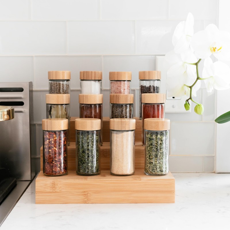 Glass Spice Jars with Label, 24PK Round Bamboo Spice Jar