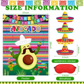 Faccito Mexican Fiesta Party Games Pin Tail Game Poster with 24 Stickers Blindfold for Cinco De Mayo Birthday Party Supplies(Avocado)