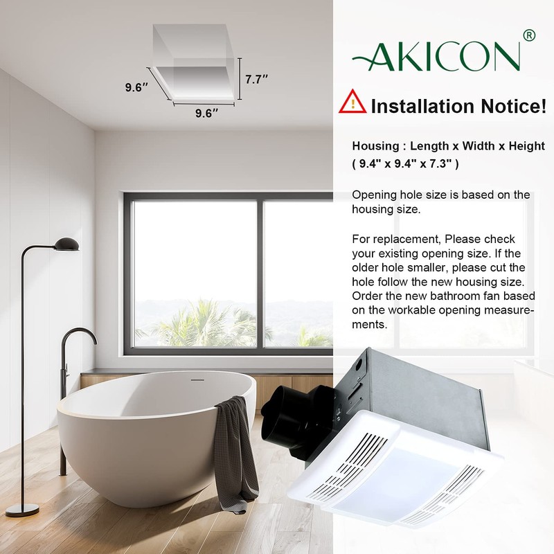 Akicon Bathroom Fan with Light Ultra Quiet 90CFM 1.5Sone Ventilation