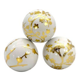 Galt International 4" Diameter Gold & White Floral Chinoiserie Ceramic Ball (Set of 3) | Decorative Ball Vase Bowl Filler