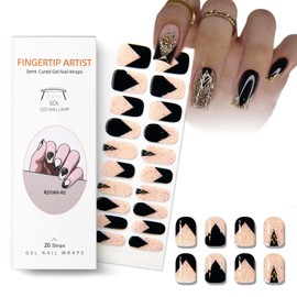 QQPPOLIU Nail Polish Strips Black French Tip Gel Nails Stickers with High Gloss and Glitter Design for Women and Girls,60S UV Light Curing Manicure Arts at Home