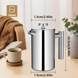 Eidoct 350ml Stainless Steel Double Wall Heat Resistant Coffee Press, Double Walled Insulation French Press Cafetiere, 3 Level Filter Double-Walled Insulated Stainless for Home and Office