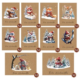DMHSGIFT Christmas Cards Set with Envelopes, 20 Pieces with 10 Designs, Forest Animals, A6 Kraft Paper, Folding Cards, Christmas Card for Family, Friends, Children