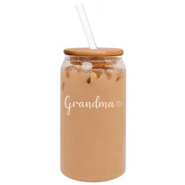 MIP 16oz Can Shaped Glass Iced Coffee Cup with Bamboo Lid and Straw Gift Grandma With Heart