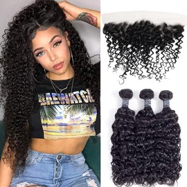 Amella Hair 8A Brazilian Hair Bundles With Frontal 18" 20" 22"+16"Frontal Kinky Curly 3 Bundles With Free Part Lace Frontal 100% Unprocessed Virgin Hair