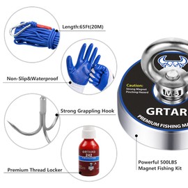 Grtard Magnet Fishing Kit, 500LBS Strong N52 Neodymium Fishing Magnets, Magnetic Fishing Magnet Kit with Strong Magnets(2.36''), 65ft Rope, Protecting Gloves, Rare Earth Magnets for Retrieving
