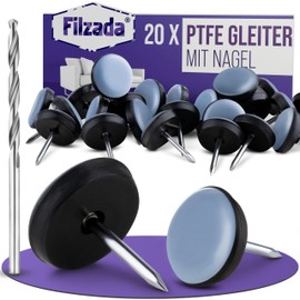 Filzada 20 x Teflon Gliders Nail / Furniture Glides with Nail Diameter 25 mm - Includes Drill - Made of High-Quality PTFE - Gliders for Chairs - Floor Protectors for Chairs - Chair Glides Tiles