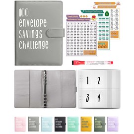 JEJA 100 Folder Saving Challenge, Budget Planner, Save €5050, Savings Book for Money Saving Challenge, Budget Sheets, Label Stickers, Erasable Pen, Grey