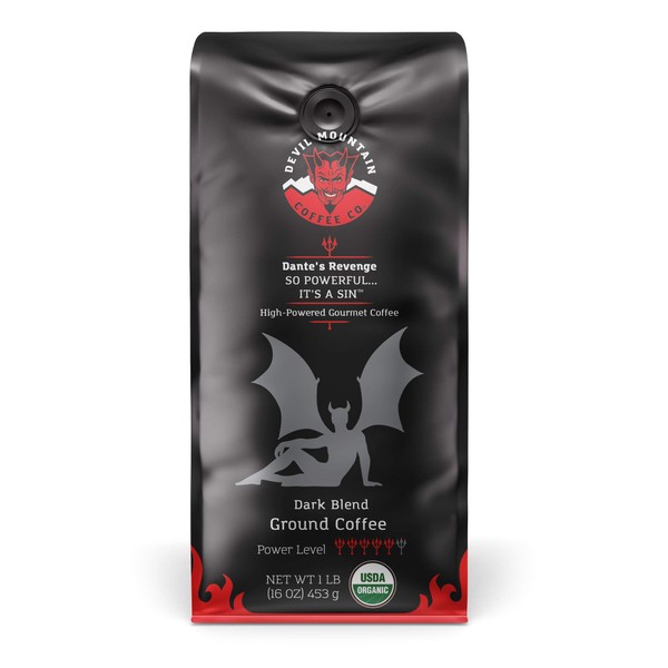 Dante's Revenge Dark Roast, Café gourmet de alta potencia – Certificado USDA orgánico, (molido) 16 oz.