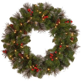 National Tree Company Pre-Lit Artificial Christmas Wreath, Green, Crestwood Spruce, White Lights, Decorated with Pine Cones, Berry Clusters, Christmas Collection, 24 Inches