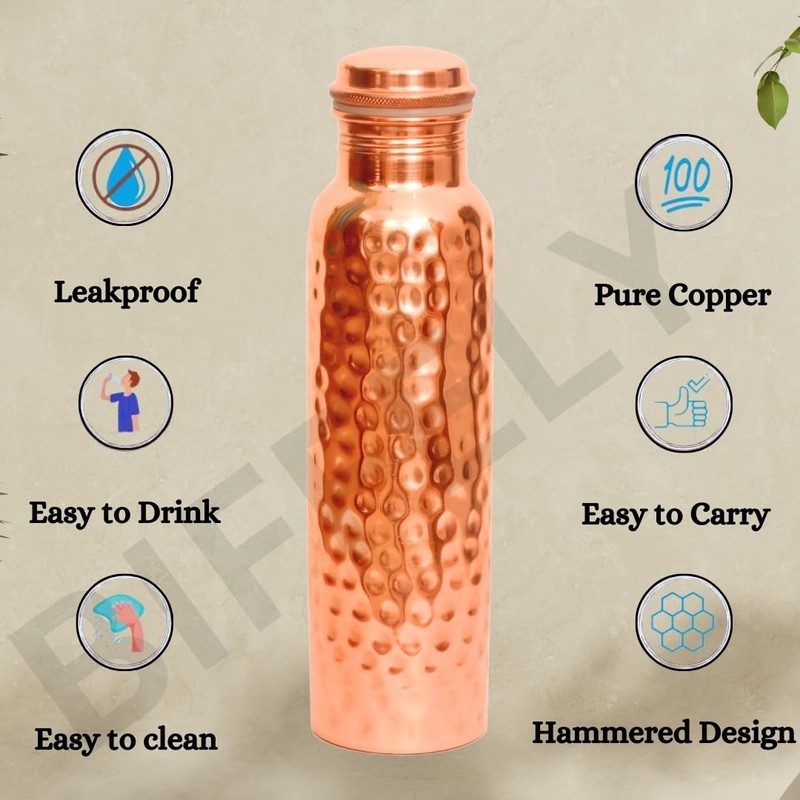 Copper Water Bottle 34OZ - 100% Handcrafted Solid Pure Hammered