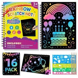 HXDOGSP Scratch Art for Kids: 16 Pack Rainbow Scratch Paper Party Favors - Art Crafts Notebook Suitable for Birthday Gifts/School Crafts Kit/Classroom Prizes for Girls and Boys Aged 4-12