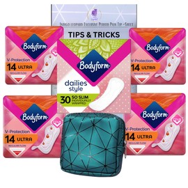 Pads for Women Sanitary Bundle with Bodyform Sanitary Towels x56 & Dailies Panty Liners x60, Indigo Leopard Storage Bag and Period Management Tip Sheet (56 Sanitary Pads 60 Panty Liners)