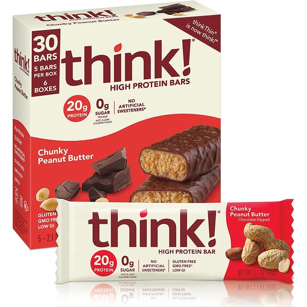 think! (thinkThin) High Protein Bars - Chunky Peanut Butter, 20g Protein, 0g Sugar, No Artificial Sweeteners, Gluten Free, GMO Free, 2.1 oz bar (30 Count - packaging may vary)