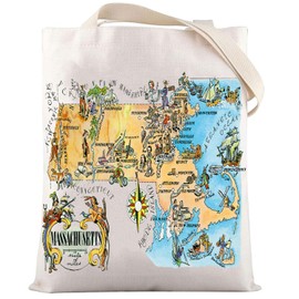 LEVLO Fun State Map Of Massachusetts Tote Bag Massachusetts Souvenir Gift 1940’s Massachusetts Illustration Shoulder Bag (MASSACHUSETTS Tote)
