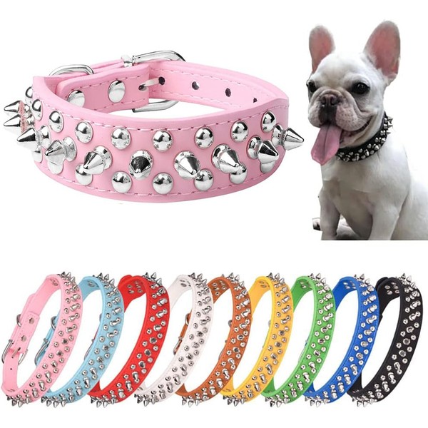 Pimaodog Spiked Studded Dog Collar, Adjustable Soft Leather Puppy Collar