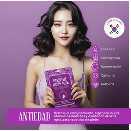 4 koreanische Gesichtsmasken: Bakuchiol Happy Mask und Vitamin Happy Mask. Behandlung mit antioxidativem, entzündungshemmenden, aufhellenden, regenerativen und seborregulatorischen Charakter.