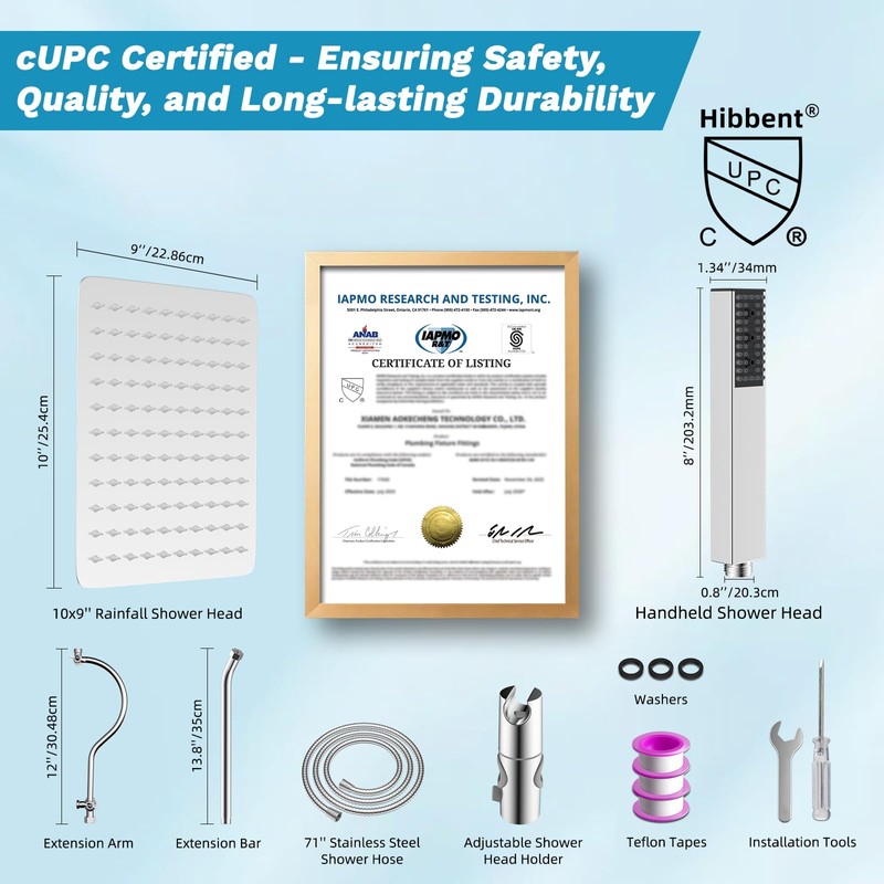 Hibbent cUPC Certified High Pressure 10'' Rainfall Shower Head, Showerhead