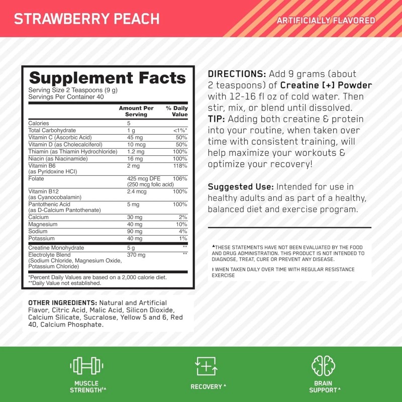 Optimum Nutrition, 3-in-1 Creatine Powder, Peach Strawberry, 12.69 Oz. Ex:
